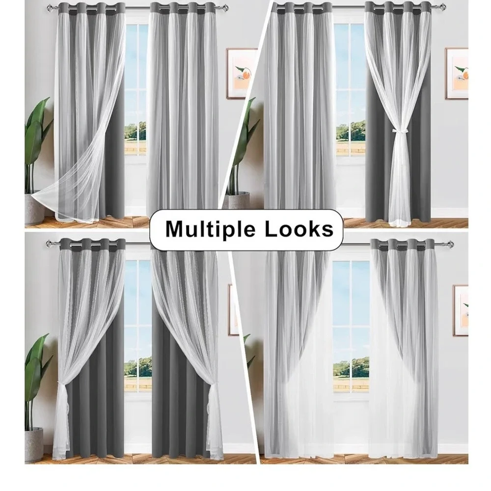 Grey Blackout Curtains with White Sheer Overlay 52x84 4 Panels Grommet Top